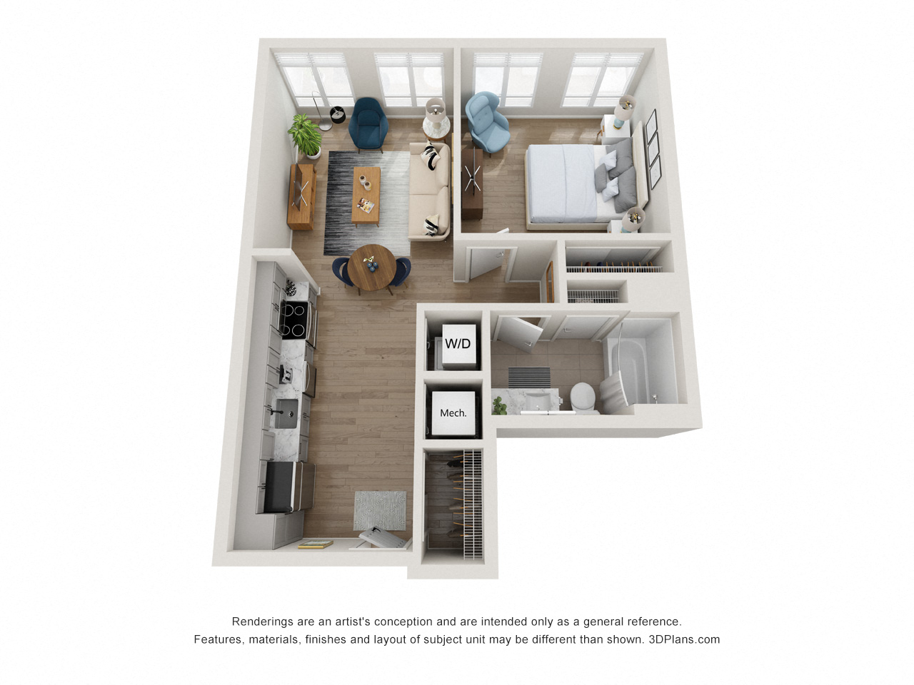 Floor plan for 1 bed, 1 bath, 587 sqft